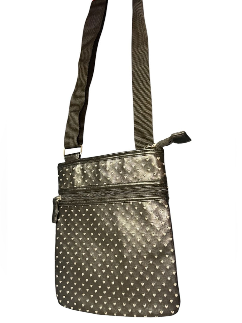 Delicate Silver Heart Pattern Adjustable Strap Black Crossbody Purse